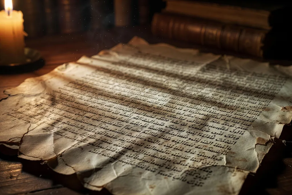 Manuscrit ancien couvert d'une écriture serrée, encre noire sur papier jauni, éclairé à la bougie