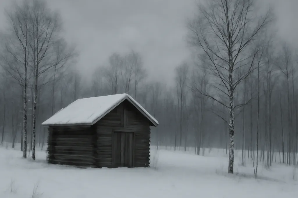 Baraquement en bois isolé dans un paysage de neige et de bouleaux dénudés, ciel gris hivernal