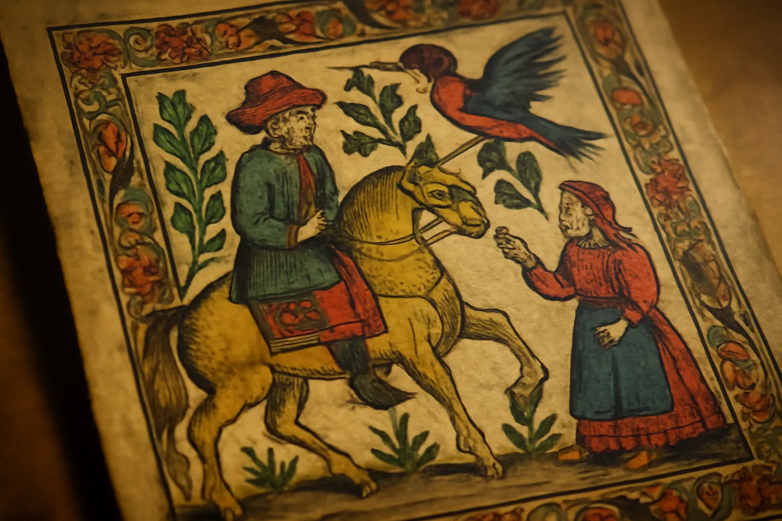 Gros plan sur une estampe loubok ancienne colorée à la main représentant une scène de conte populaire russe