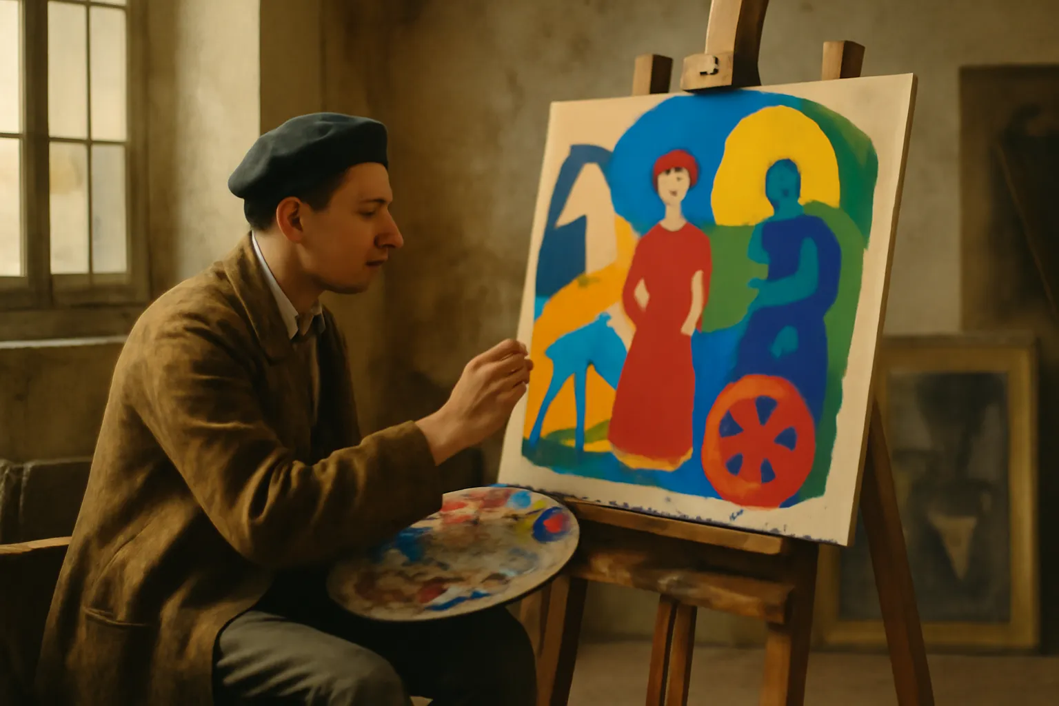 Artiste peintre russe s'inspirant d'estampes populaires loubok dans un atelier au début du XXe siècle