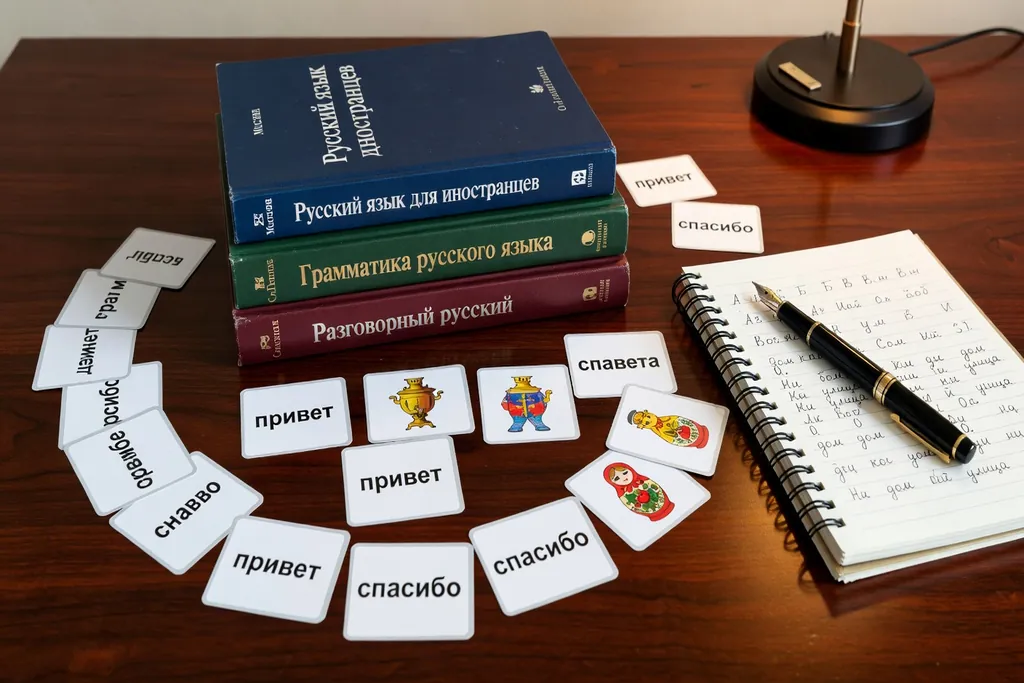 Manuels de russe empilés avec flashcards, stylo plume et cahier