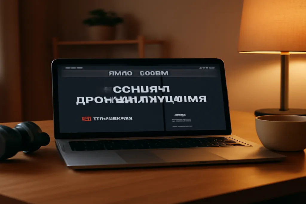 Ecran d'ordinateur avec cours de russe en ligne, casque et tasse de cafe