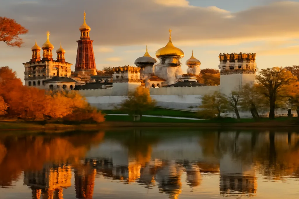Monastere de Novodevitchi avec murs blancs et bulbes dores en automne
