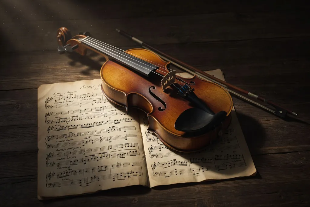 Violon ancien sur partition avec annotations cyrilliques