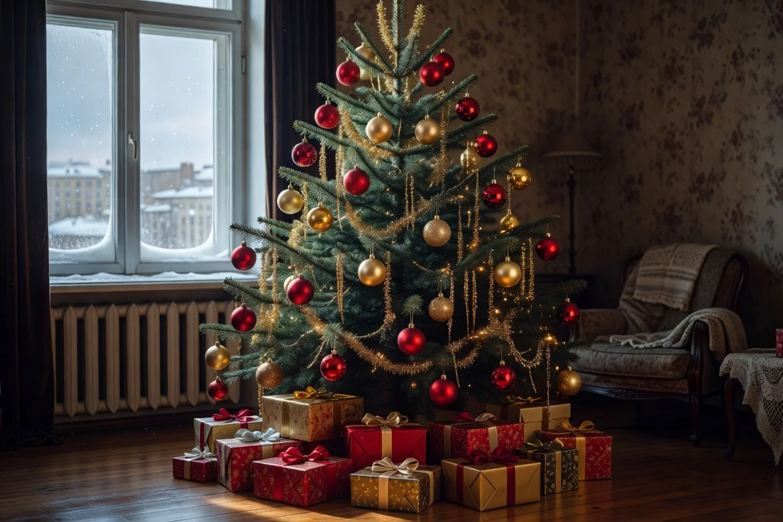 Sapin de Nouvel An russe décoré de boules rouges et dorées dans un appartement moscovite.