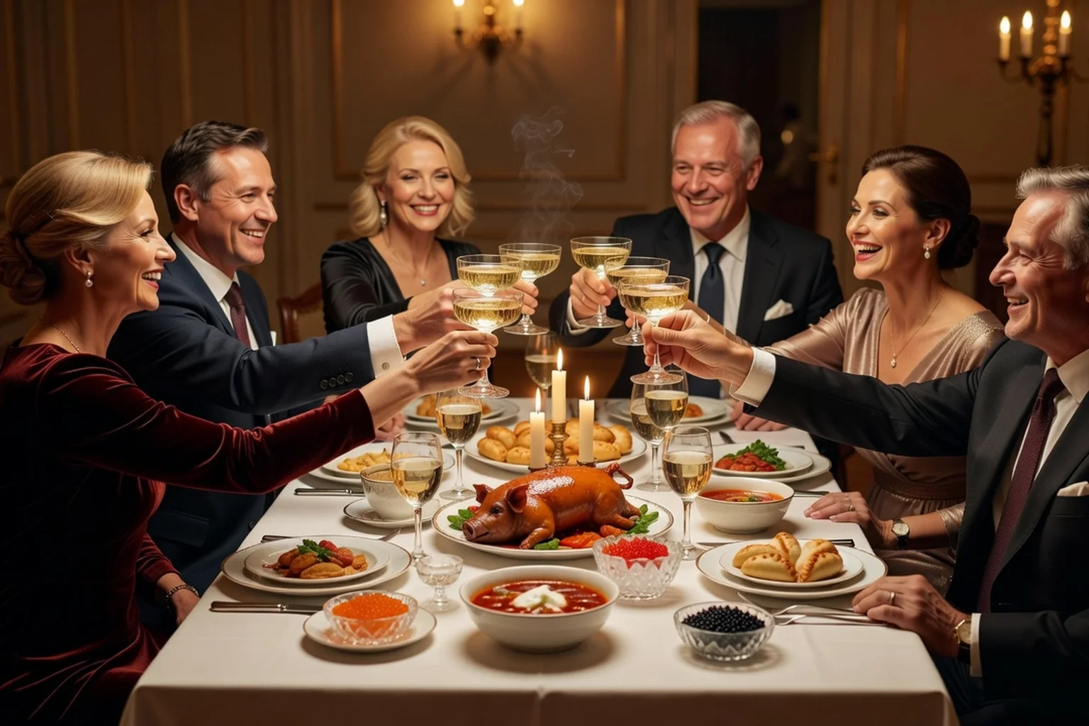Convives trinquant autour d'une table de réveillon russe garnie de plats traditionnels.