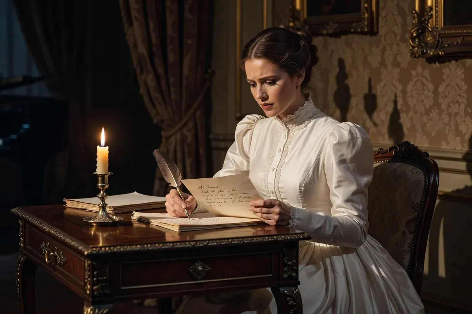 Mise en scène d'Eugène Onéguine, soprano en robe blanche écrivant la fameuse lettre à Tatiana, décor salon russe XIXe siècle