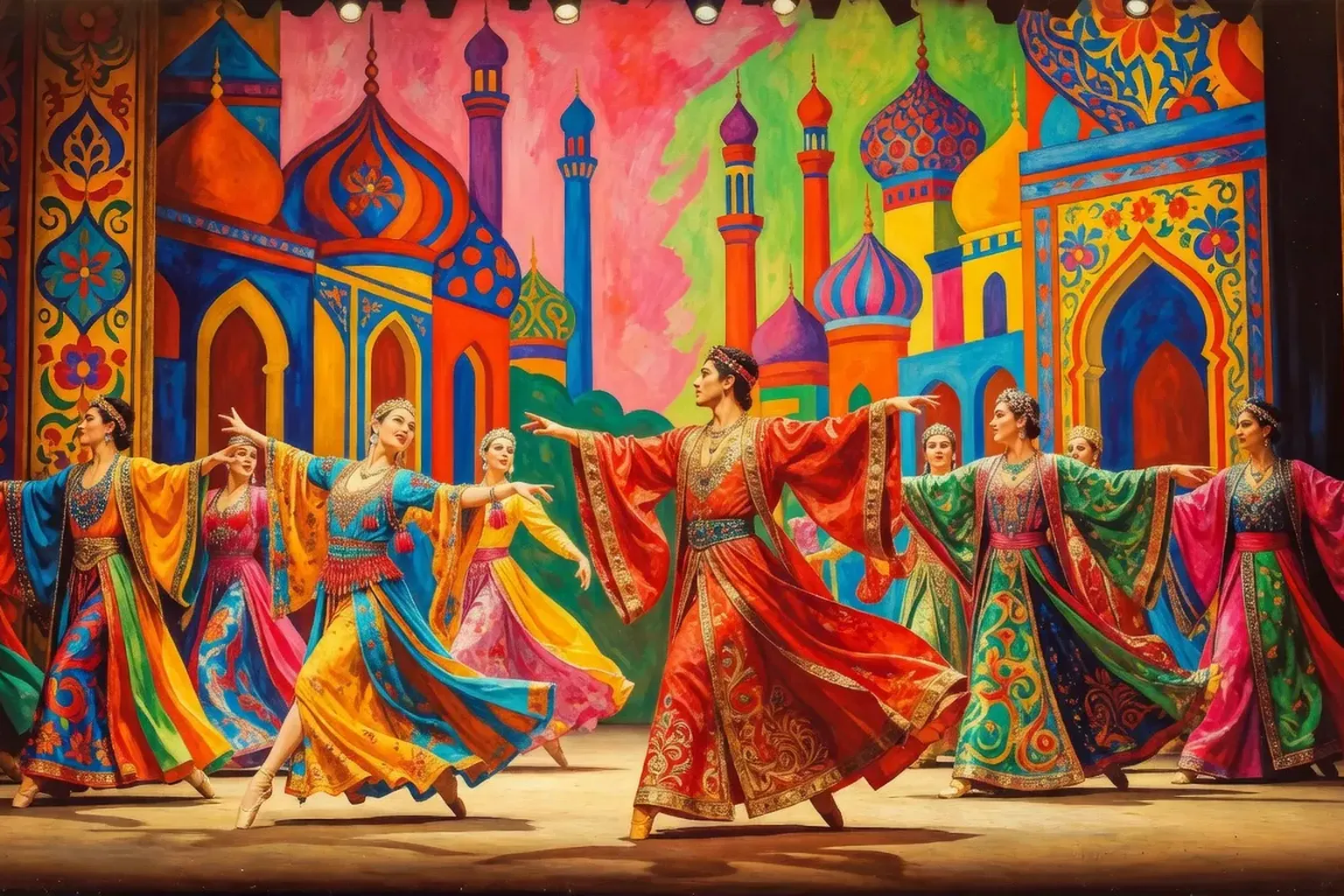 Costumes somptueux et décors orientaux de la version des Ballets Russes du Coq d'or, 1914, avec les couleurs vives de Natalia Gontcharova