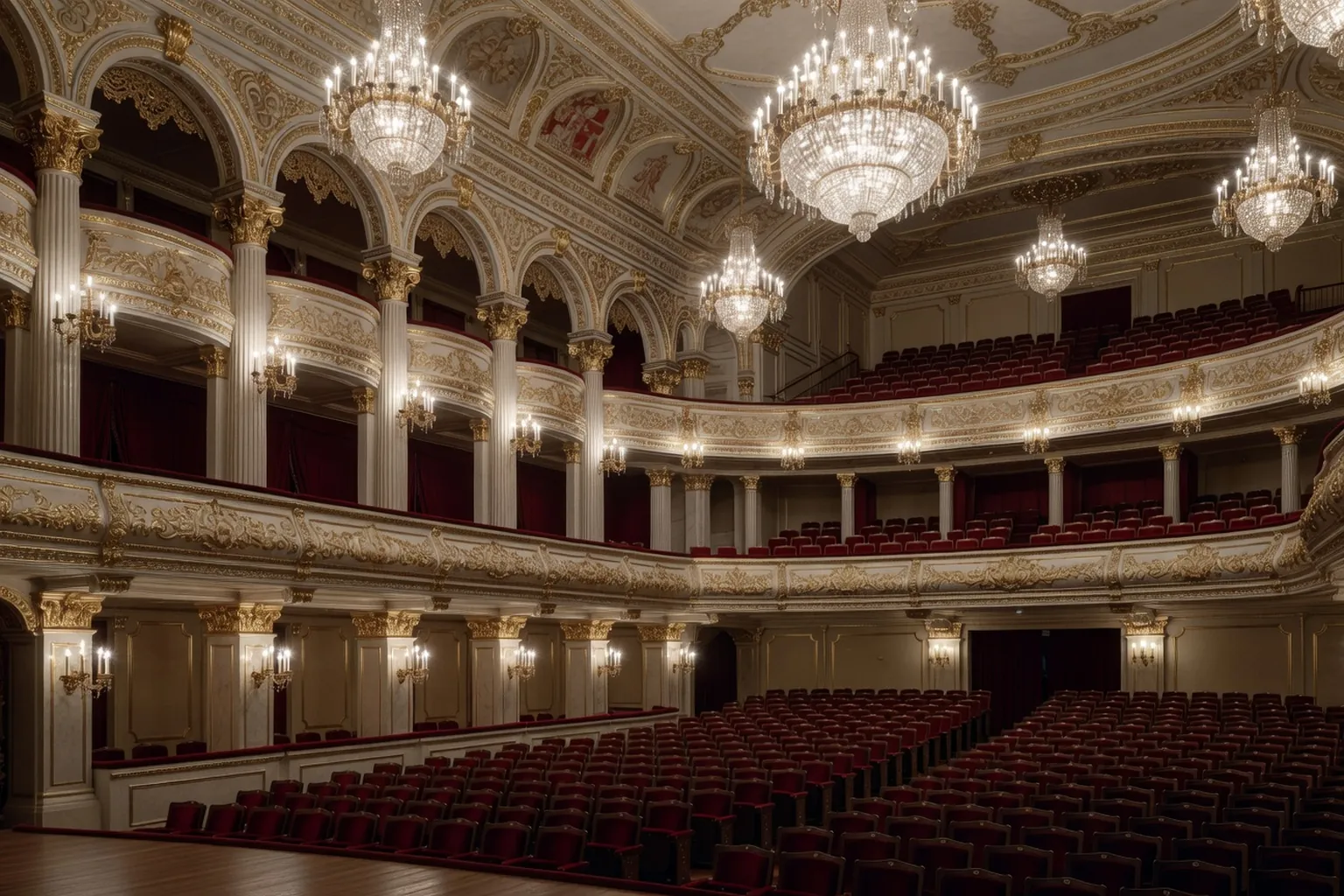 Salle de concert avec balcons ornementes et lustres en cristal vue depuis la scene