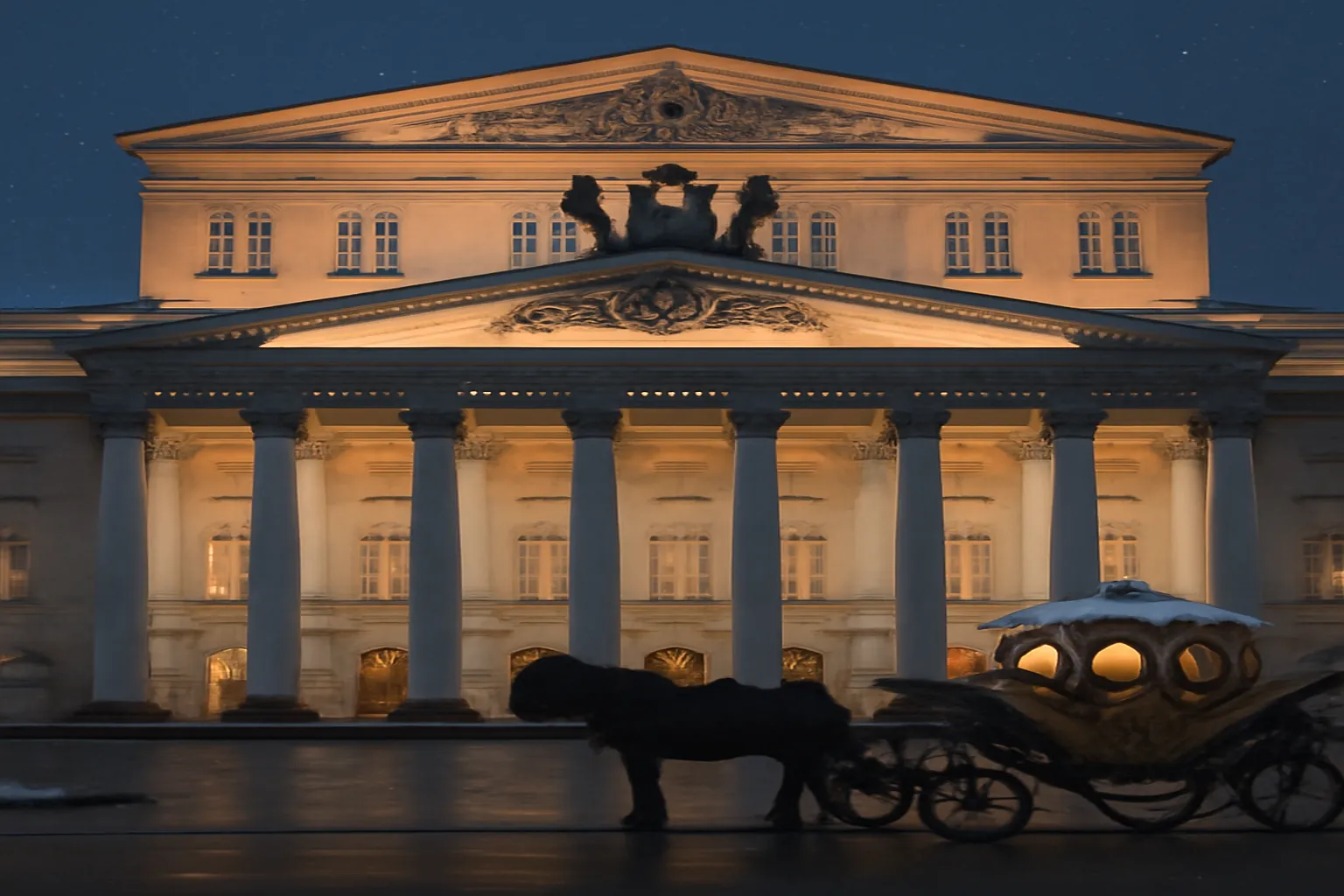 Facade neoclassique d'un theatre d'opera russe au crepuscule, lumieres allumees