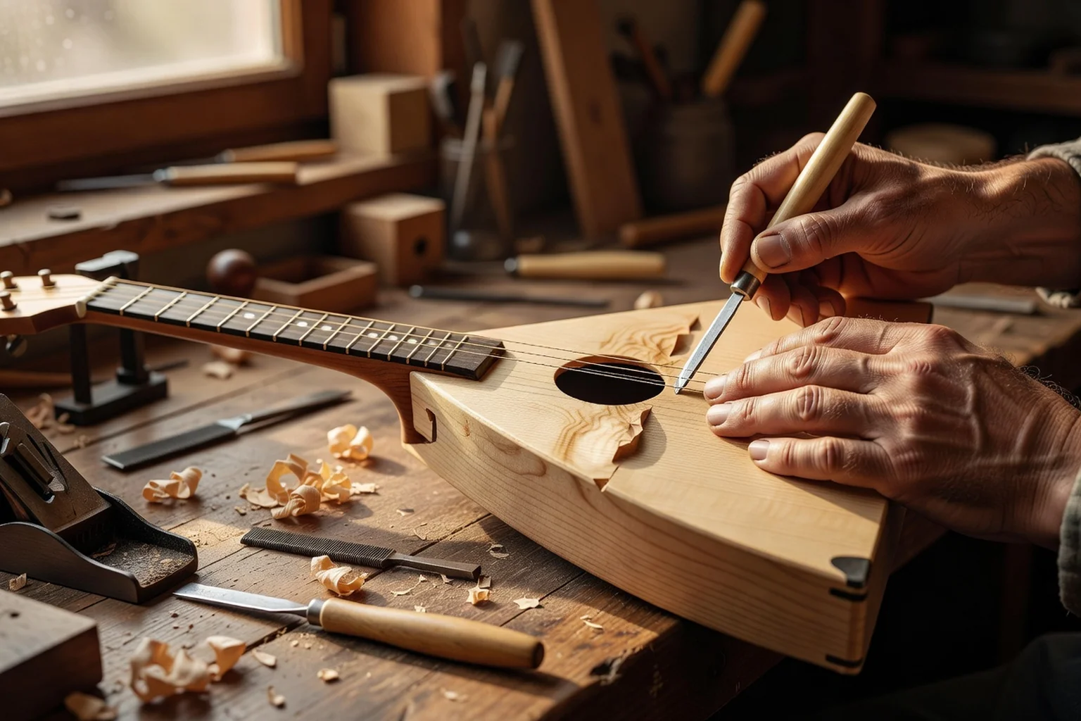 Mains de luthier travaillant au ciseau la table en épicéa massif d'une balalaïka en cours de fabrication.
