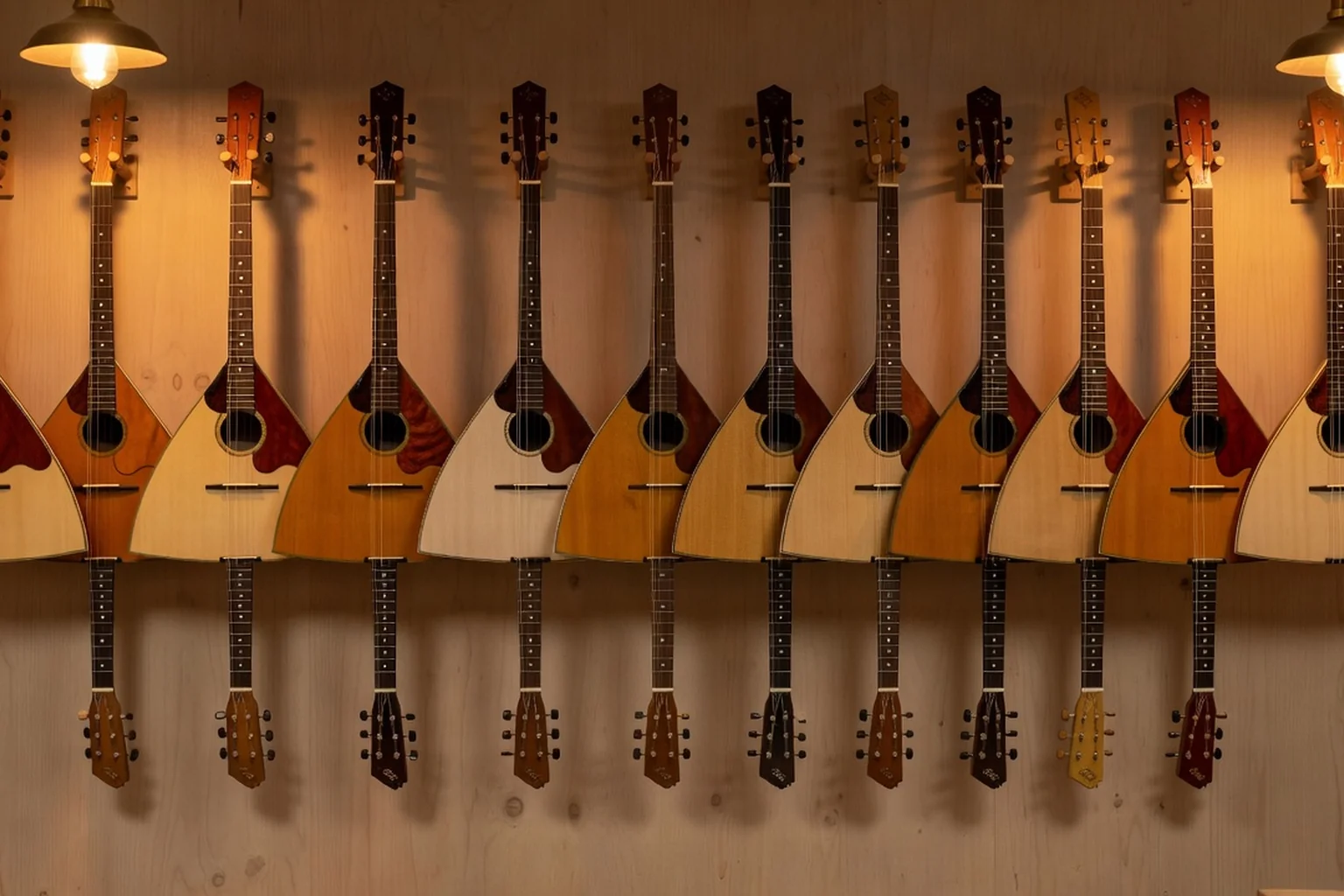 Rangée de balalaïkas de différentes tailles suspendues dans un atelier de lutherie spécialisé.