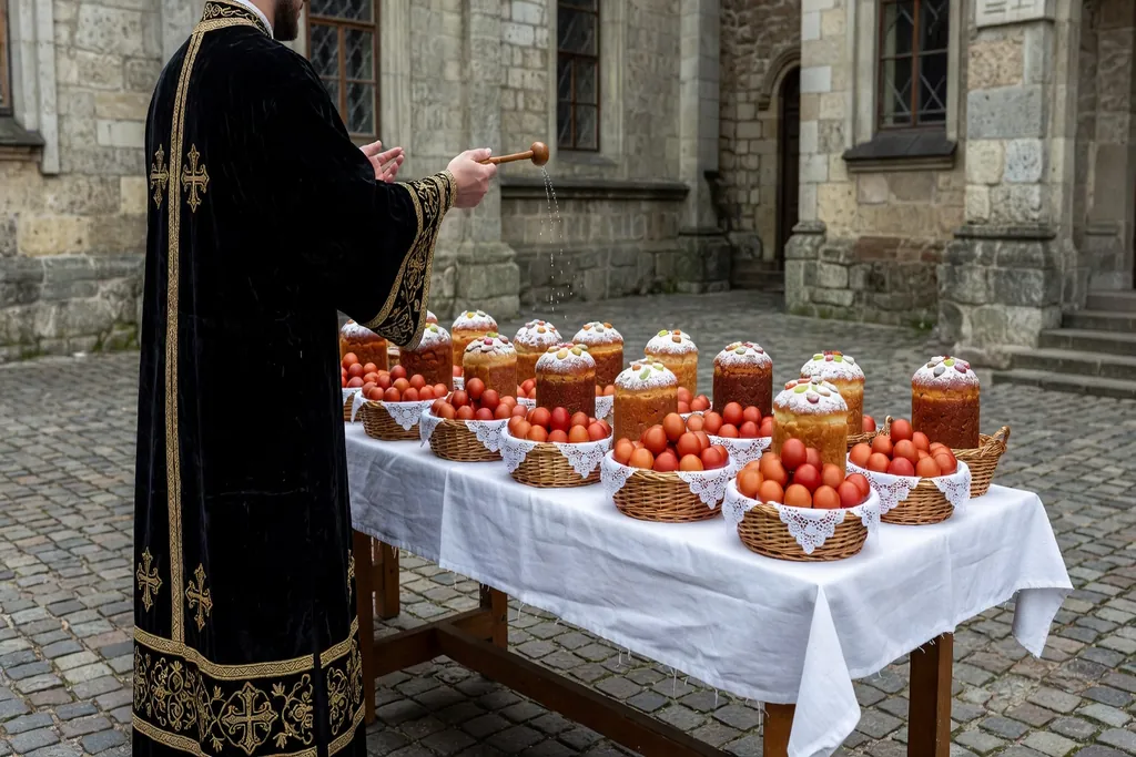 Pretre orthodoxe benissant des paniers de Paques avec koulitchs et oeufs rouges
