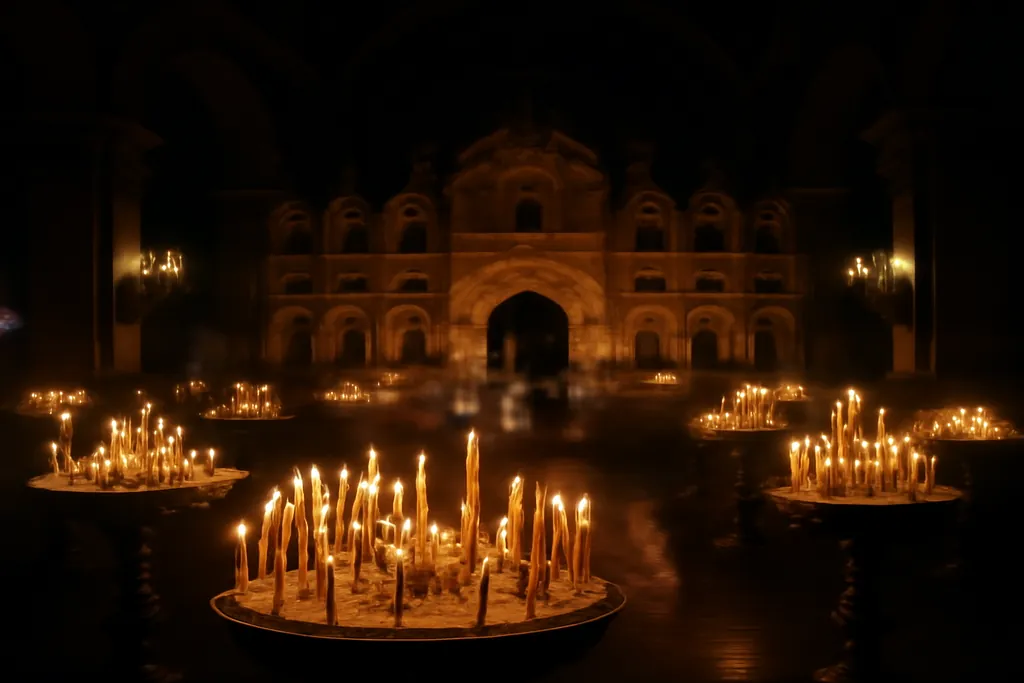 Interieur de cathedrale orthodoxe russe avec centaines de cierges allumes
