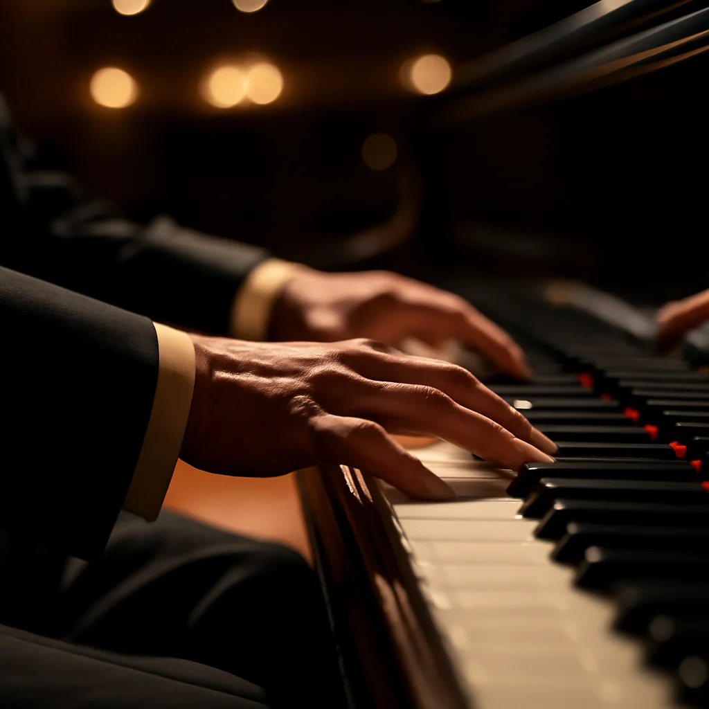 Mains d'un pianiste sur le clavier d'un piano à queue en concert