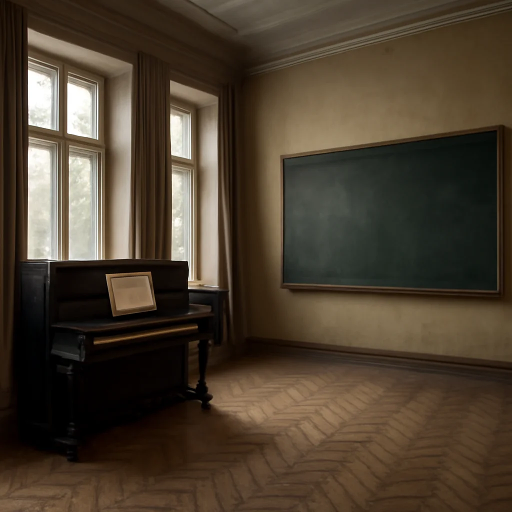 Salle de classe d'un conservatoire russe avec piano droit et partitions ouvertes