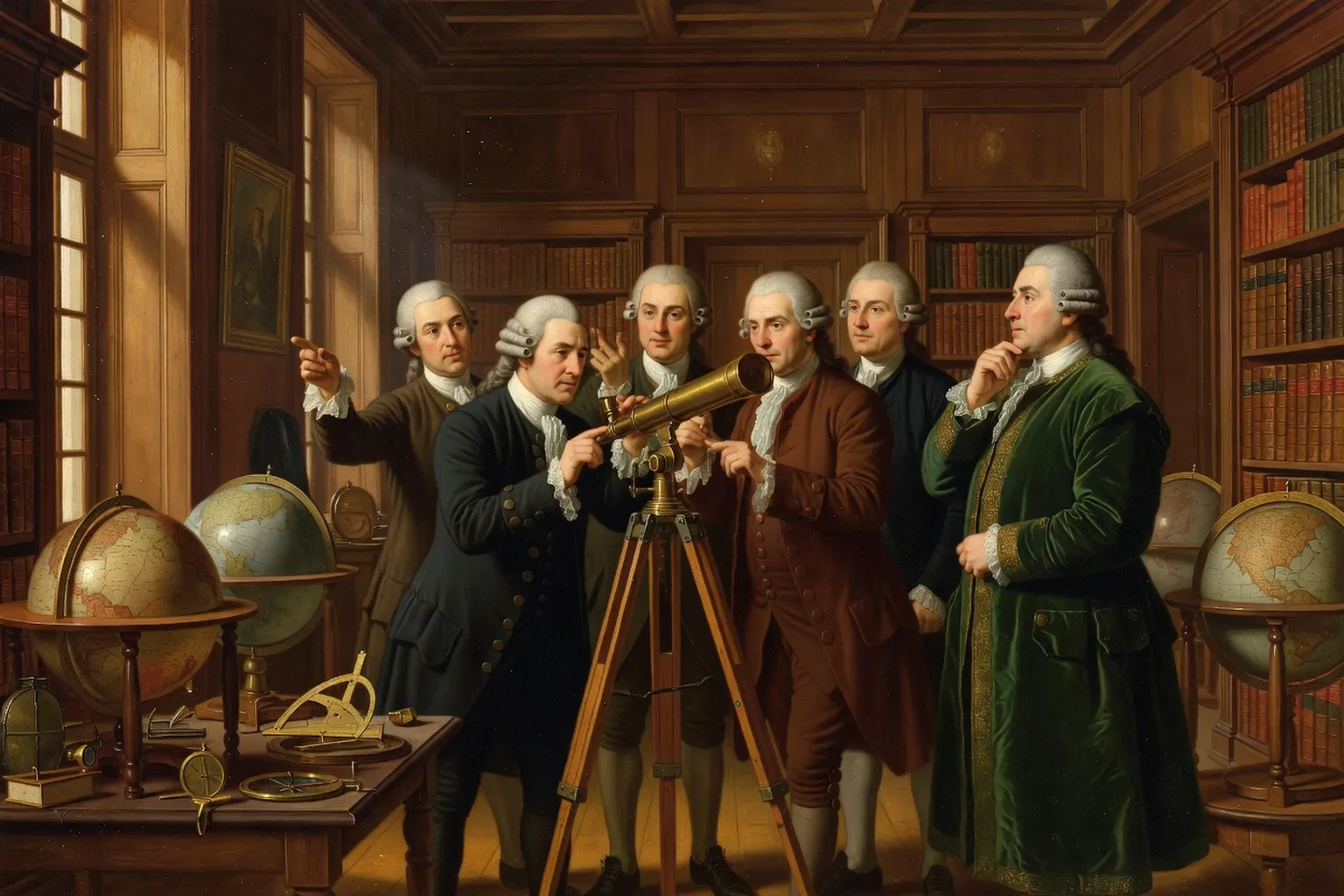 Scène d'académie au début du XVIIIe siècle : savants en perruque présentant un longue-vue et des instruments scientifiques à un dignitaire russe en caftan vert.