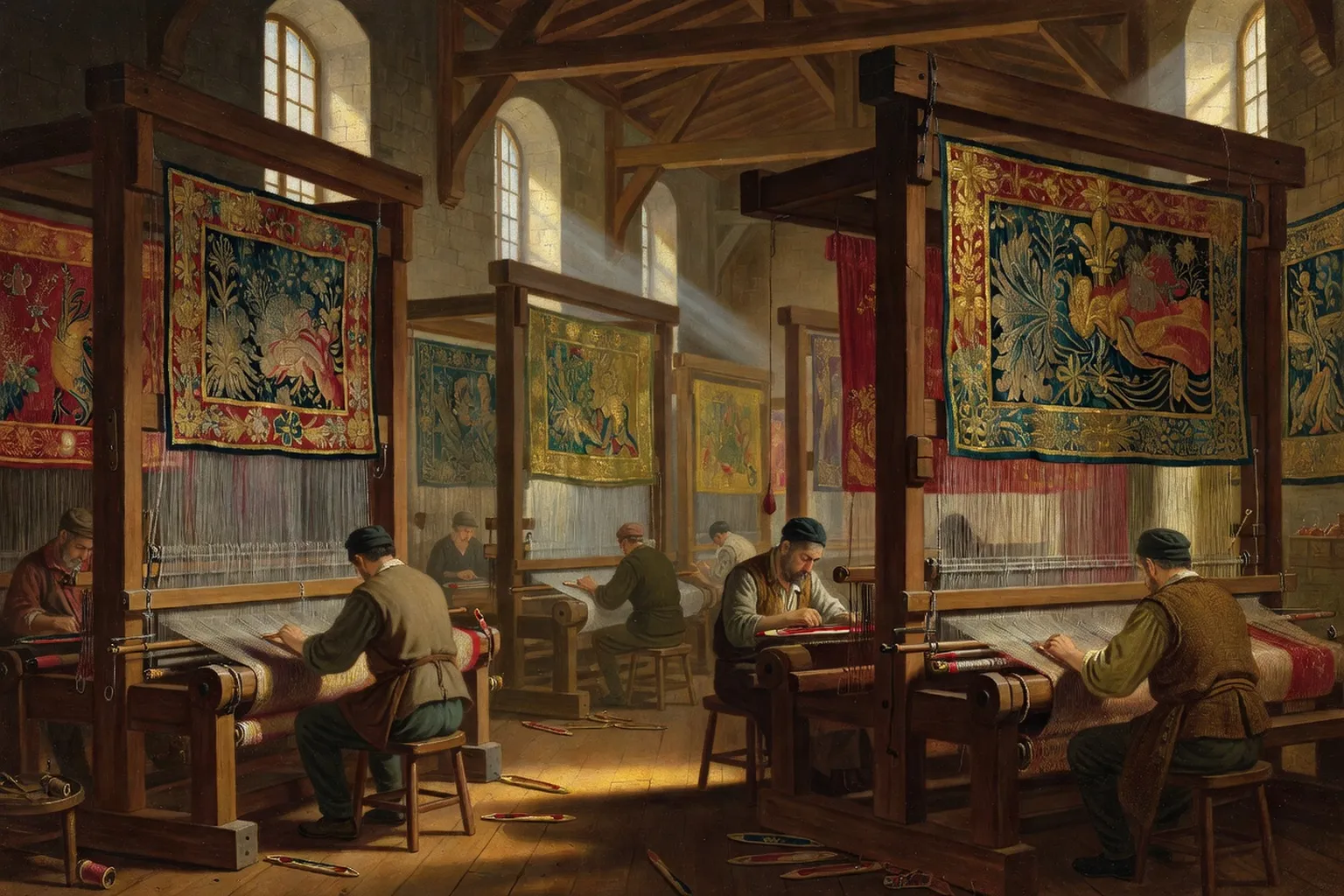 Atelier de tapisserie du début du XVIIIe siècle : de hauts métiers à tisser, des tapisseries aux rouges et ors, et des lissiers au travail sous la lumière des fenêtres.