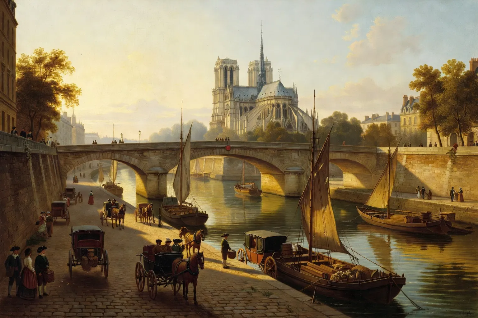 Vue peinte de Paris vers 1717 : quais de Seine pavés, voitures et calèches, péniches à voile et chevet de Notre-Dame baignés d'une lumière dorée du matin.