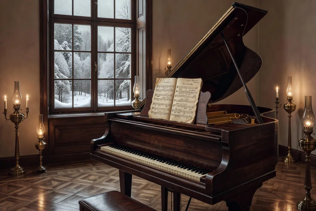 Piano a queue dans conservatoire russe avec partitions ouvertes