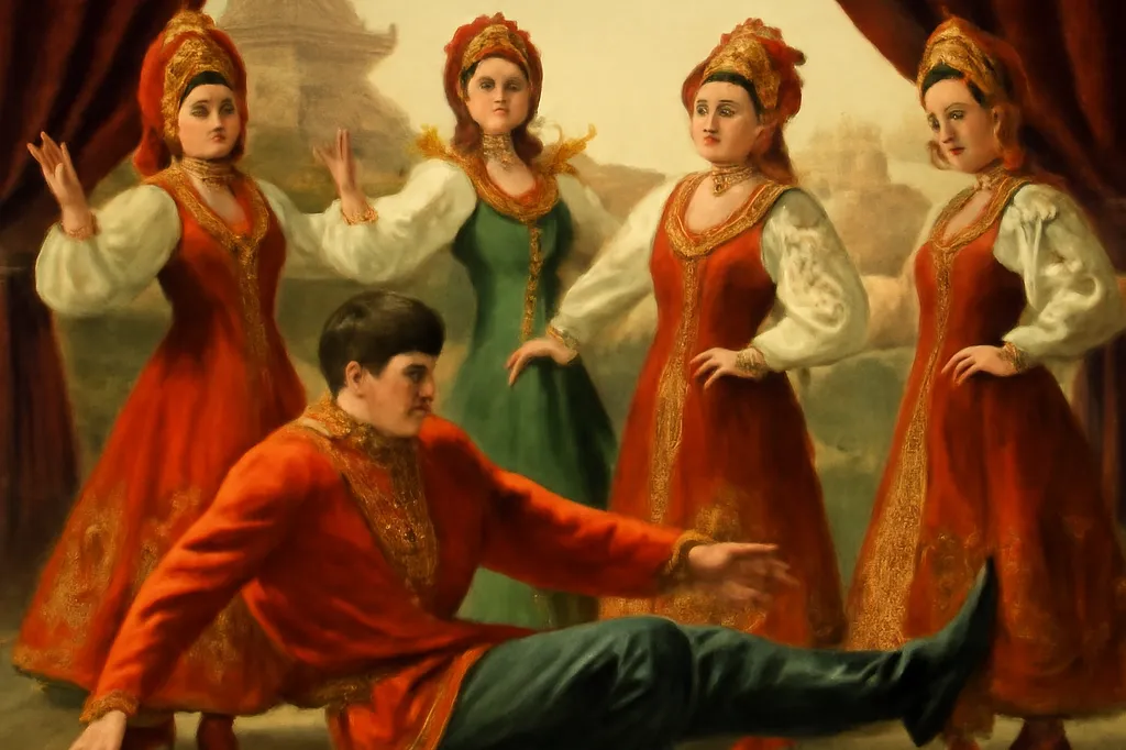 Danseurs russes exécutant la prisiadka en costume folklorique brodé