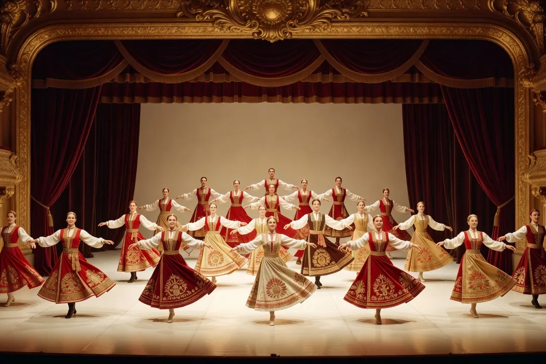 Ensemble de ballet folklorique russe sur une scène parisienne, costumes brodés rouge et or