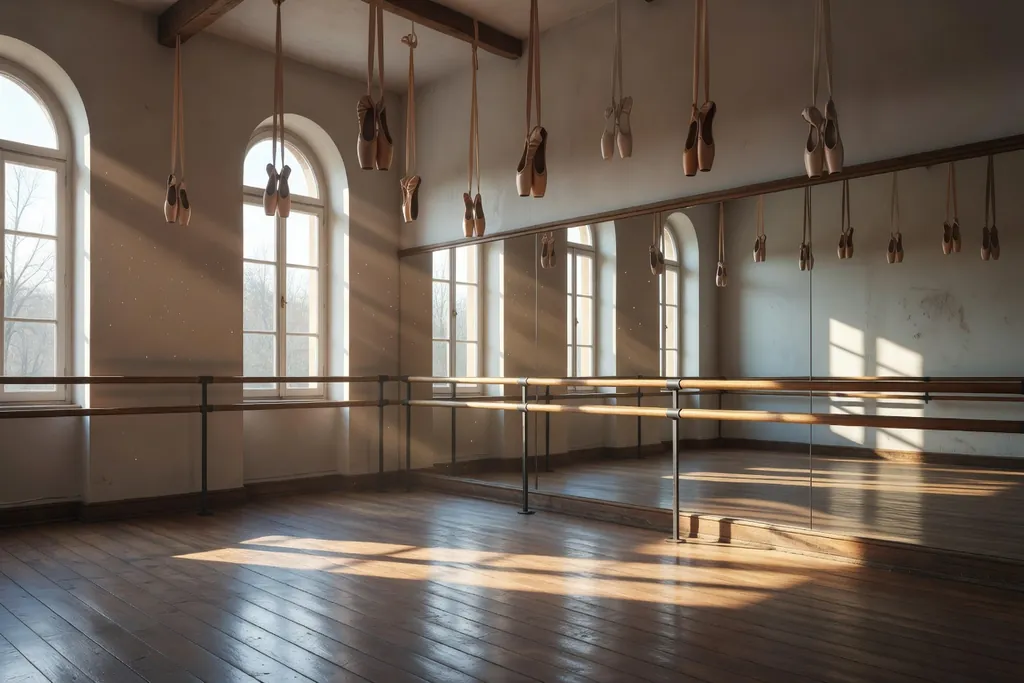 Studio de ballet classique avec barres et miroirs, chaussons suspendus