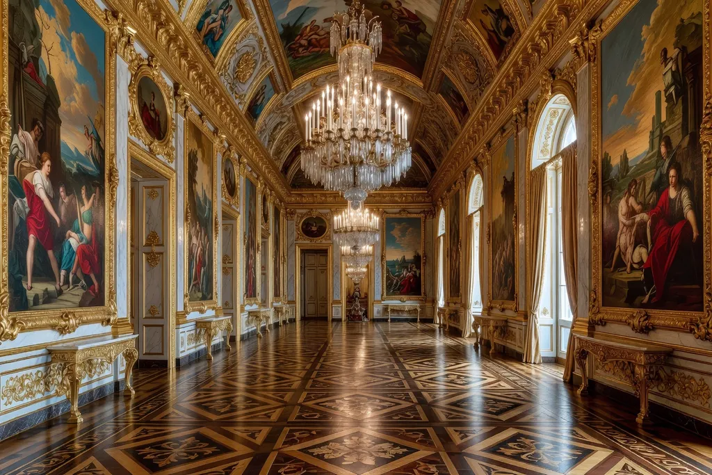Interieur du Musee de l'Ermitage avec galeries dorees et chandeliers