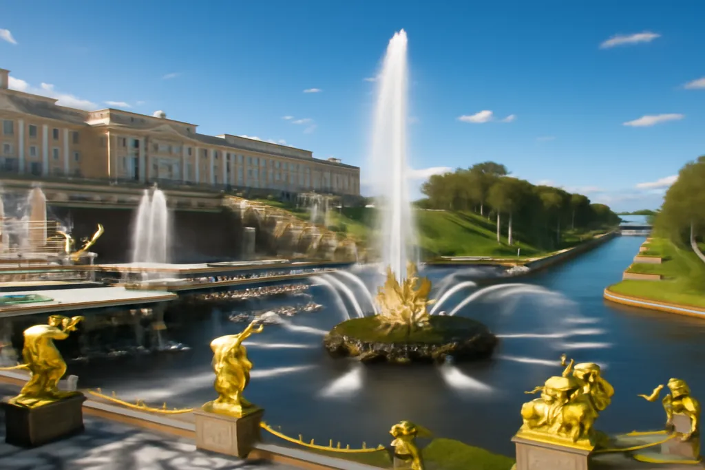 Fontaines de Peterhof avec sculptures dorees au bord du golfe de Finlande