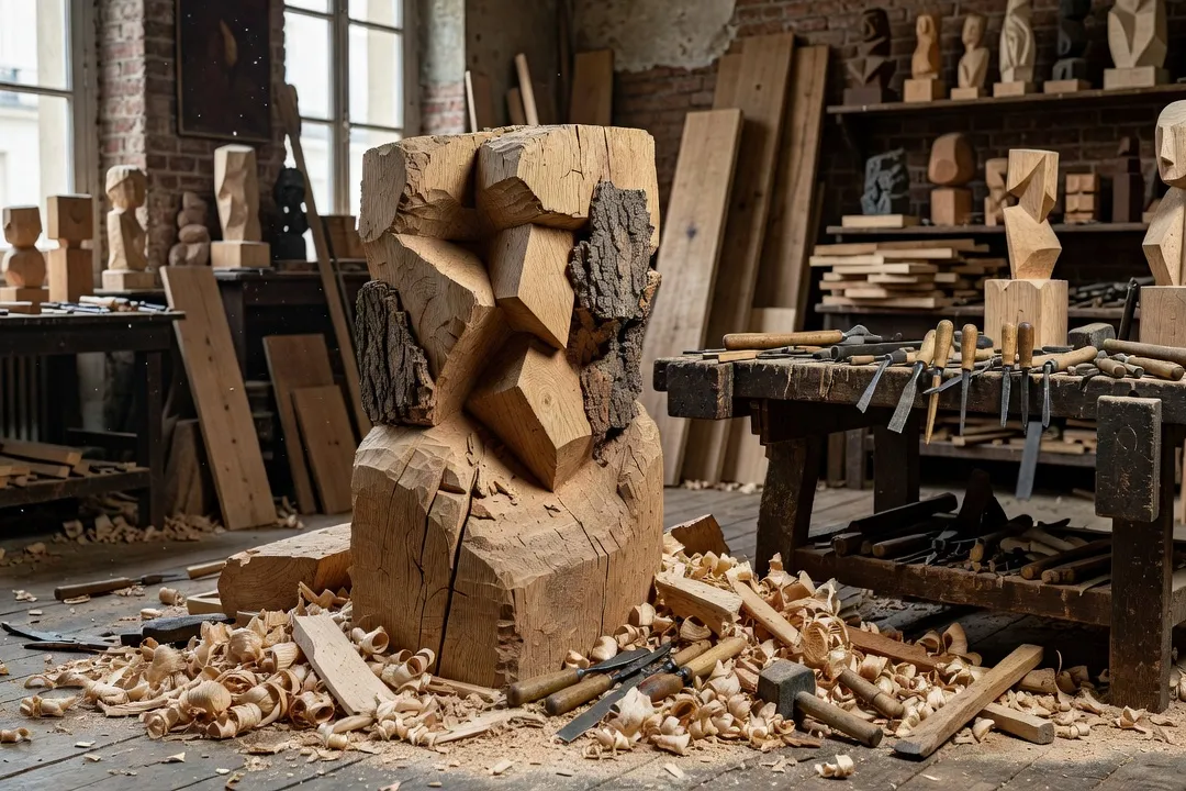 Atelier de sculpteur avec bois brut sculpté en cours de travail, outils et copeaux de bois, ambiance atelier montparnassien