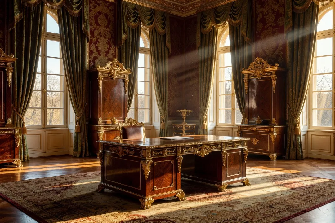 Salon de palais impérial russe avec mobilier Empire russe, bronzes dorés et placage d’acajou, lumière filtrée par de hautes fenêtres