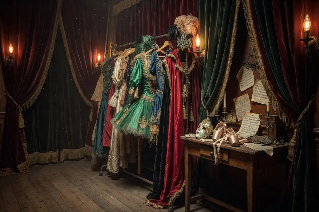 Coulisses de theatre avec costumes de ballet vintage suspendus