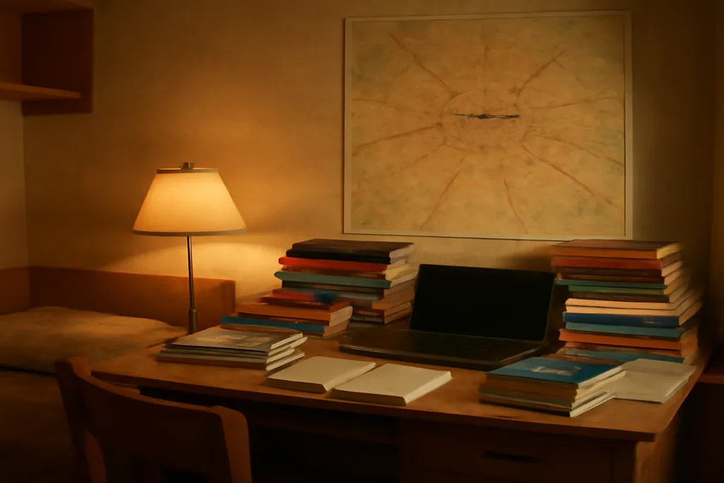 Chambre d'etudiant russe avec manuels cyrilliques et carte de Moscou