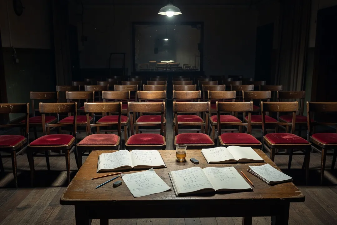 Salle de répétition de théâtre russe avec chaises alignées et cahiers de mise en scène ouverts sur une table de travail