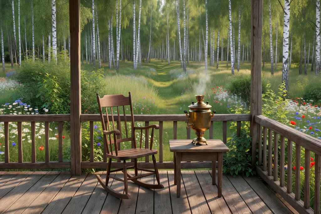 Propriete de campagne russe avec veranda en bois et samovar, style Iasnaia Poliana