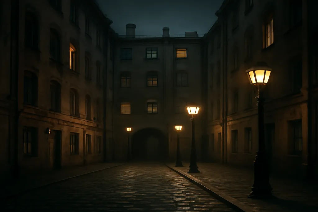 Cour interieure de Saint-Petersbourg la nuit, atmosphere de Crime et Chatiment