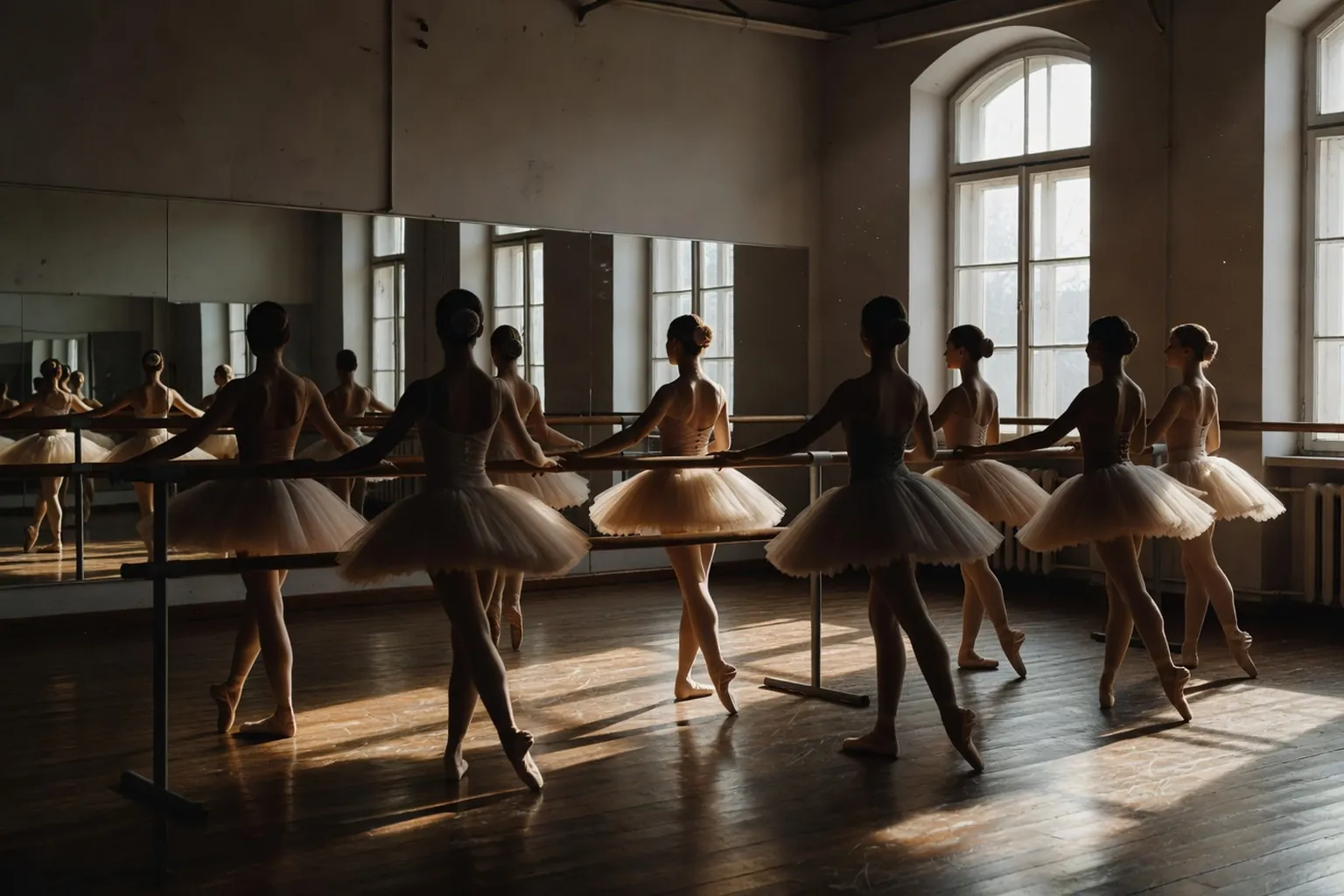 Studio de ballet avec barre, miroirs et danseurs en repetition