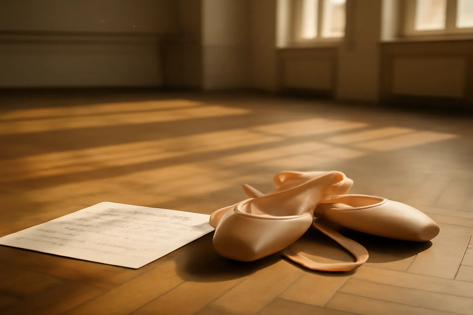 Pointes de ballet rose pose au sol d'un studio classique avec partitions de chorégraphie