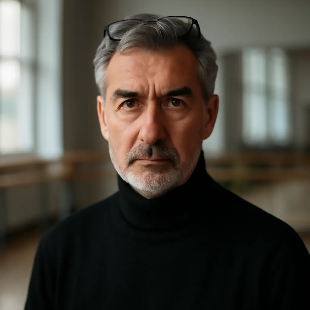 Portrait editorial de Mikhail Petrov, maitre de ballet, en studio de danse