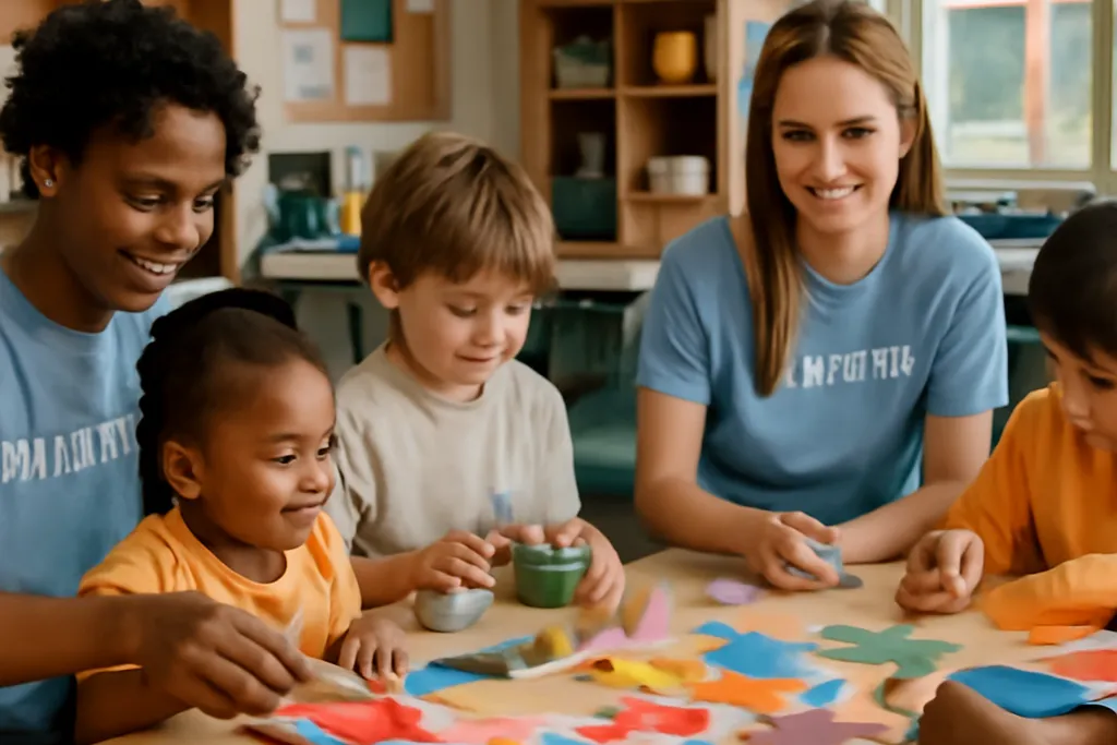 Enfants et bénévoles réunis dans une salle associative pour un atelier culturel