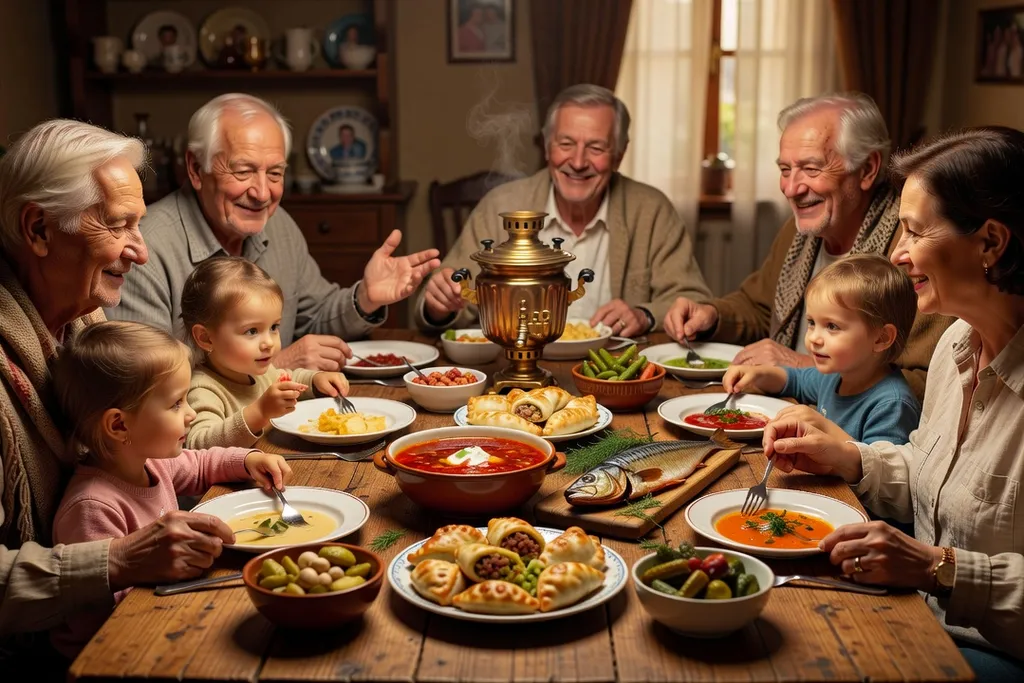 Table familiale conviviale avec plusieurs générations réunies autour d'un repas traditionnel russe