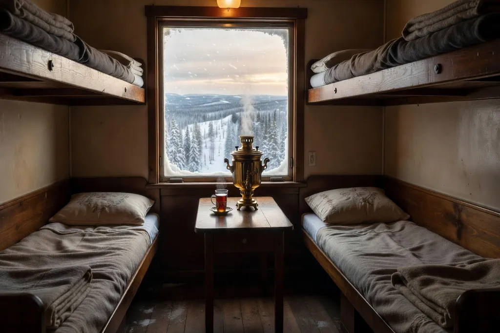 Interieur de compartiment de train russe avec samovar et the sur la table