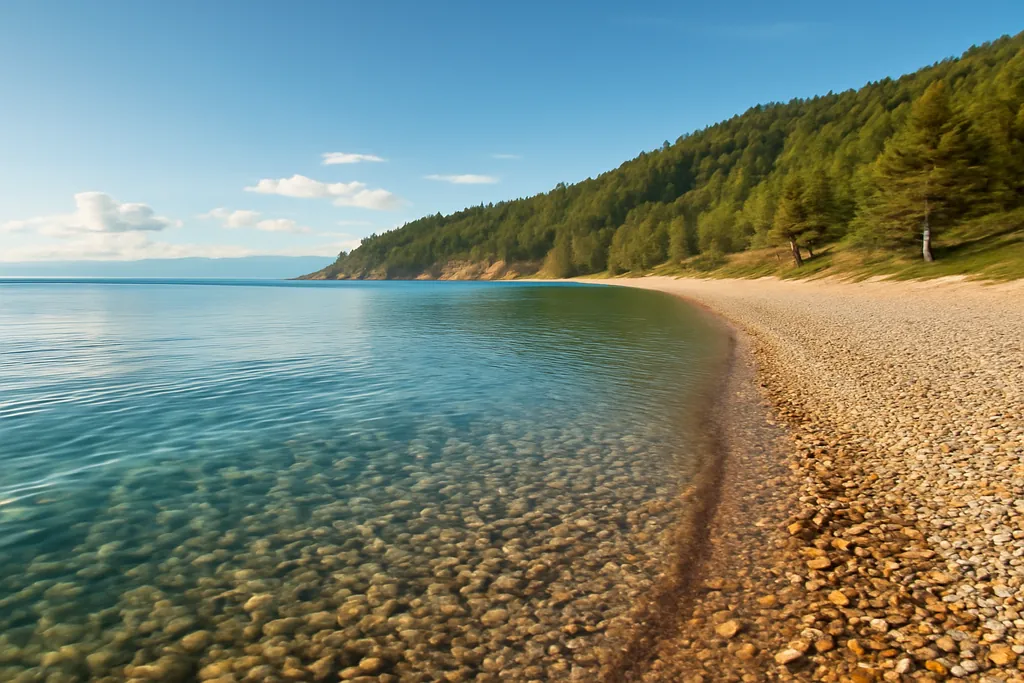 Rive du lac Baikal en ete avec eau cristalline et collines de pins