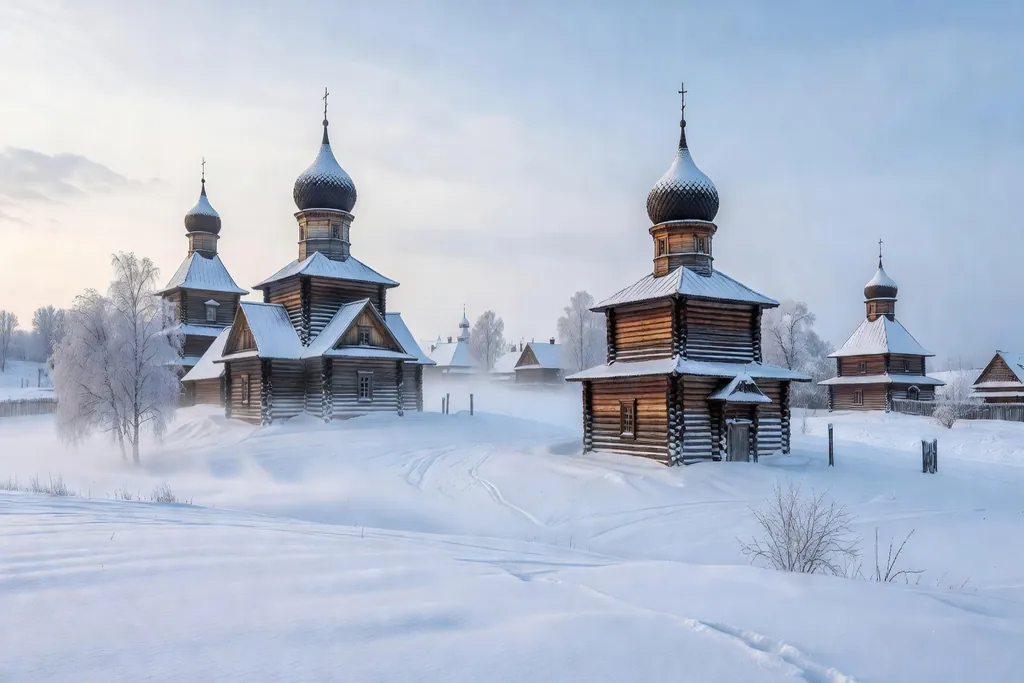 Souzdal en hiver avec eglises en bois sous la neige