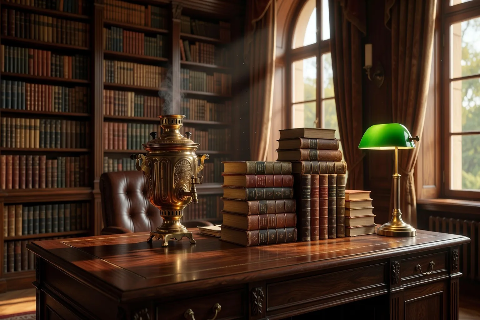 Salle de lecture boisee avec livres russes, samovar en cuivre et lampe de bureau
