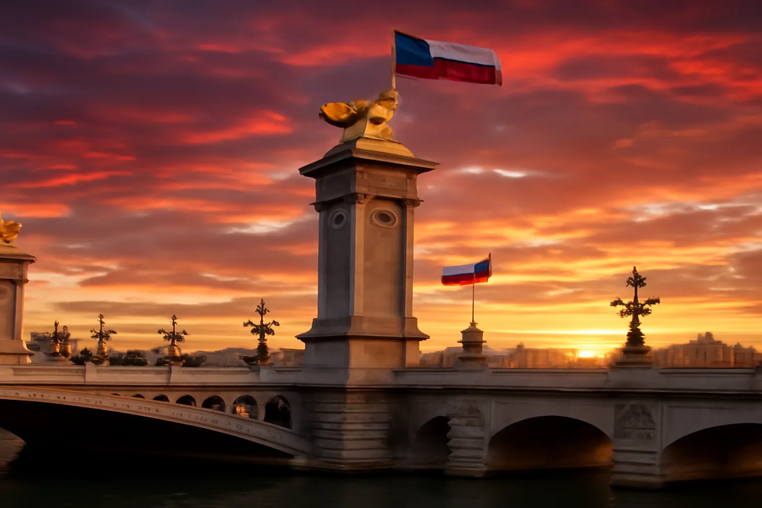Pont Alexandre III a Paris avec le drapeau russe et le drapeau francais flottant, vue vers les Invalides
