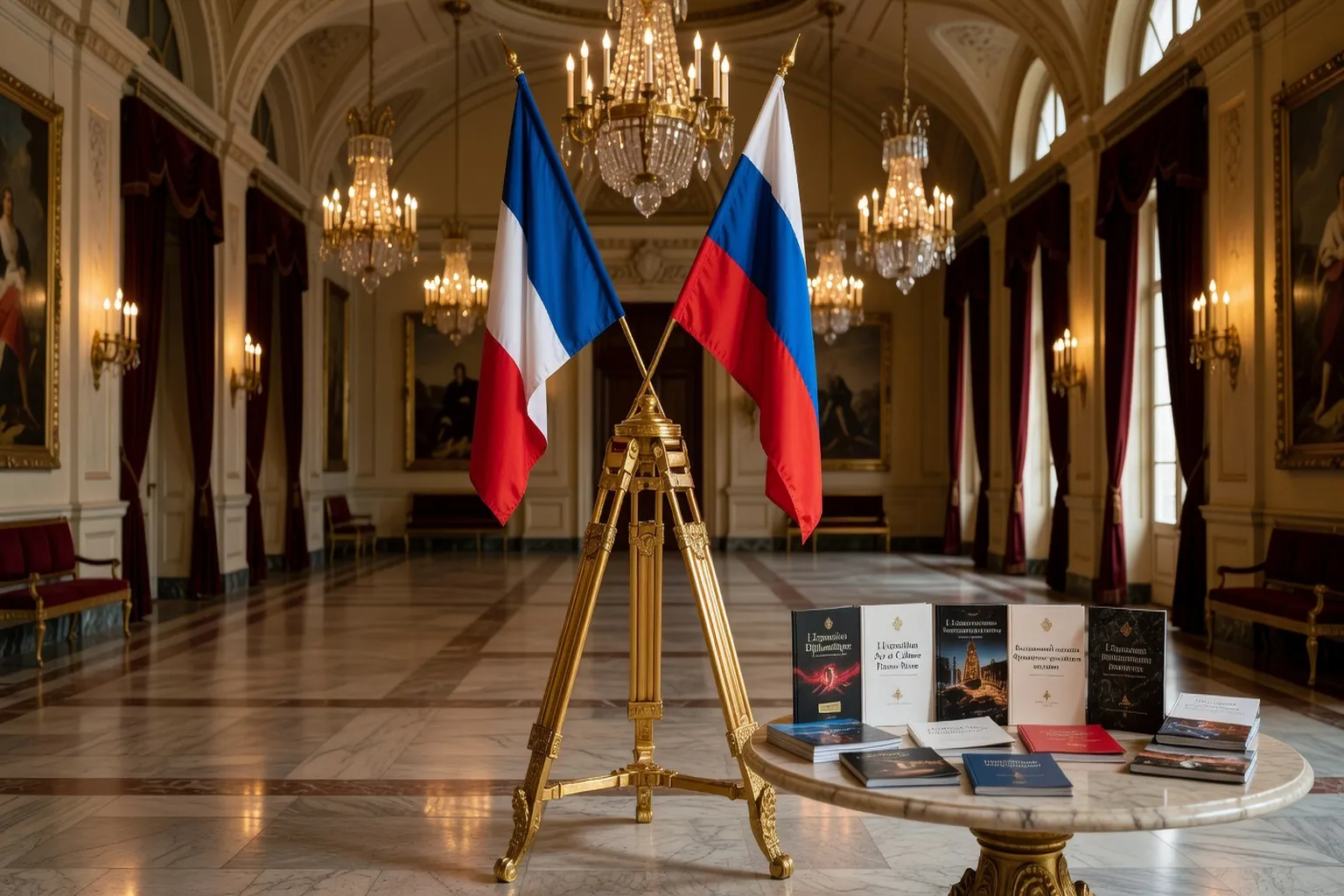 Affiche officielle de l'Annee croisee France-Russie 2010 avec drapeaux et logo aux couleurs bleu-blanc-rouge