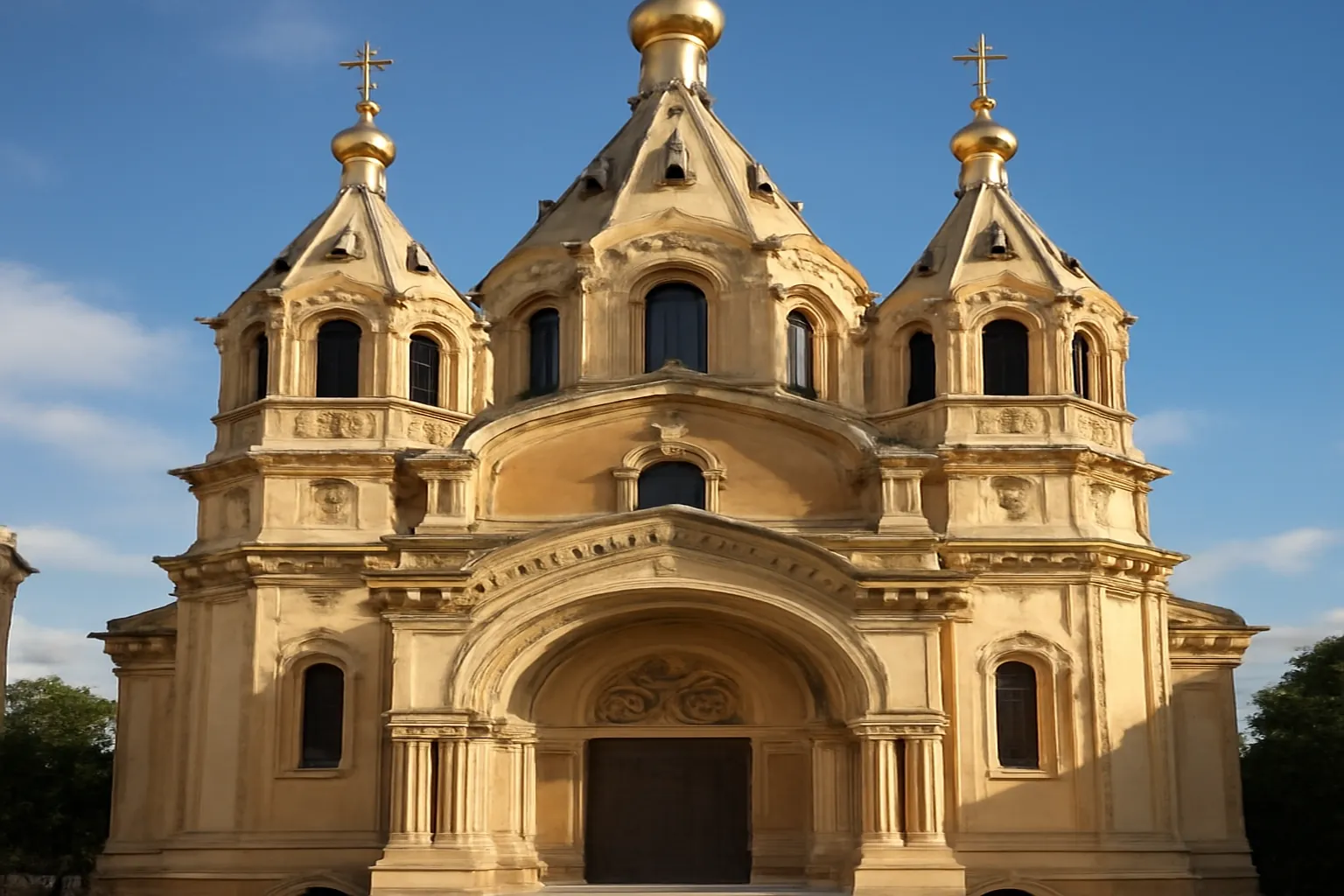Facade de la cathedrale Saint-Alexandre-Nevsky a Paris, bulbes dores sur fond de ciel bleu