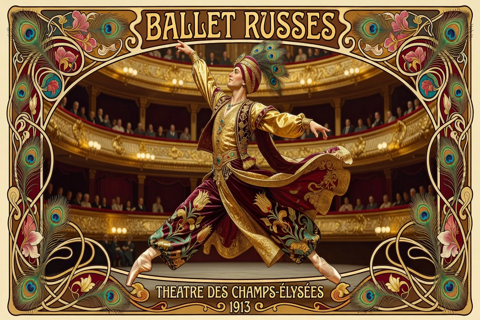 Affiche des Ballets Russes de 1910 avec Nijinski costume et motifs orientalisants, style Leon Bakst