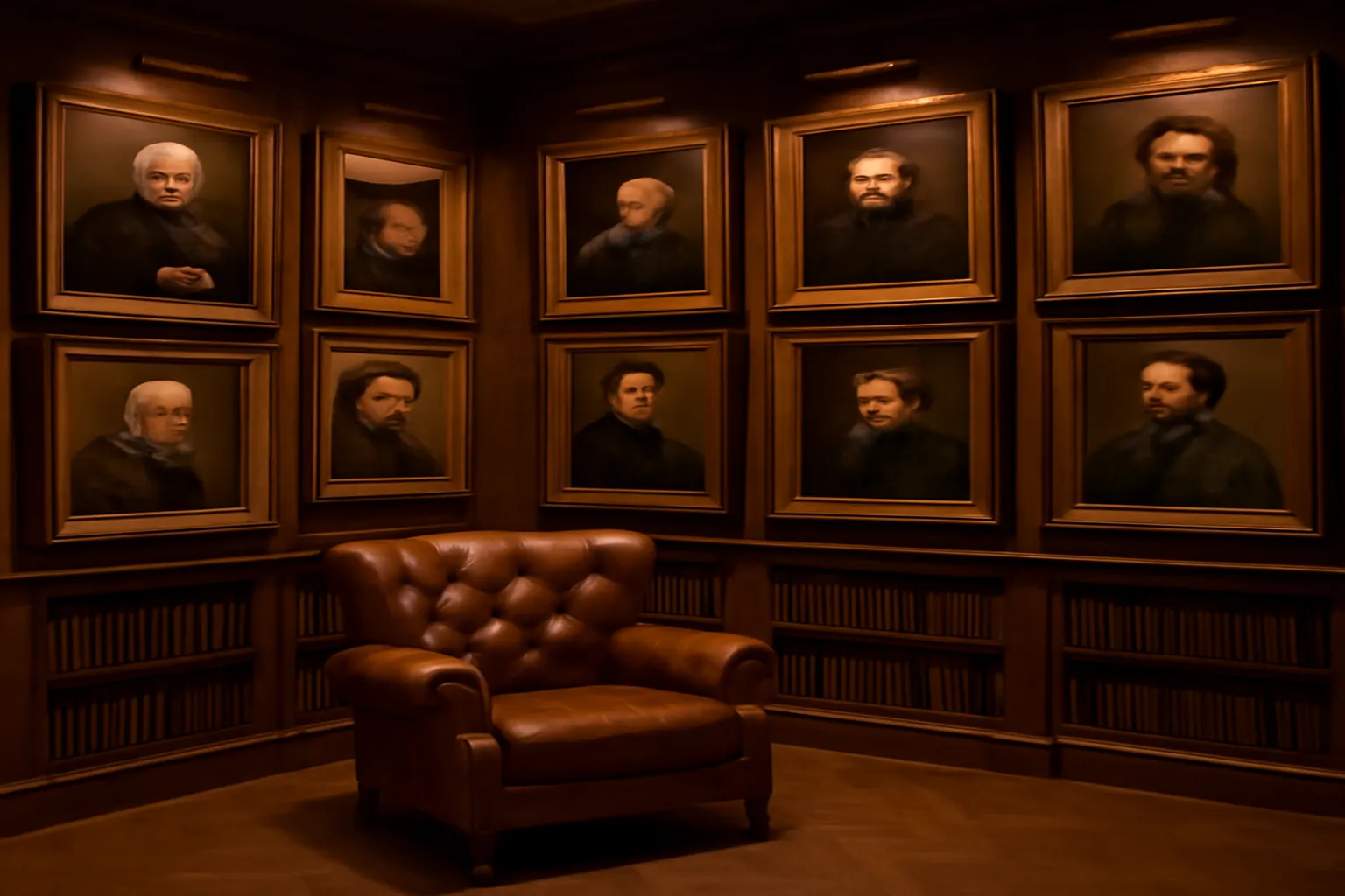 Bibliotheque ancienne avec portraits encadres de personnalites russes du XIXe siecle